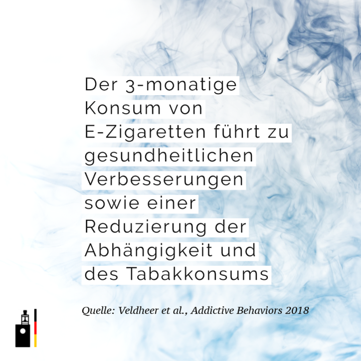 Der 3-monatige Konsum von E-Zigaretten führt bei erwachsenen Rauchern zu gesundheitlichen Verbesserungen sowie einer Reduzierung der Abhängigkeit und des Tabakkonsums
