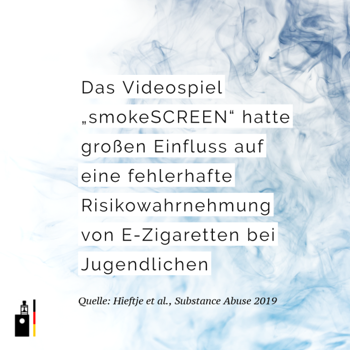 Das webbasierten Videospiel „smokeSCREEN“ zur Prävention des Tabakkonsums hatte großen Einfluss auf eine fehlerhafte Risikowahrnehmung von E-Zigaretten bei Jugendlichen