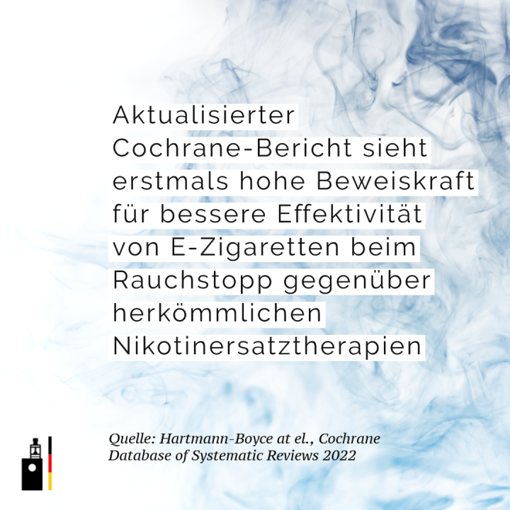 Cochrane-Update: Erstmals hohe Beweiskraft für bessere Effektivität von E-Zigaretten beim Rauchstopp gegenüber herkömmlichen Nikotinersatztherapien