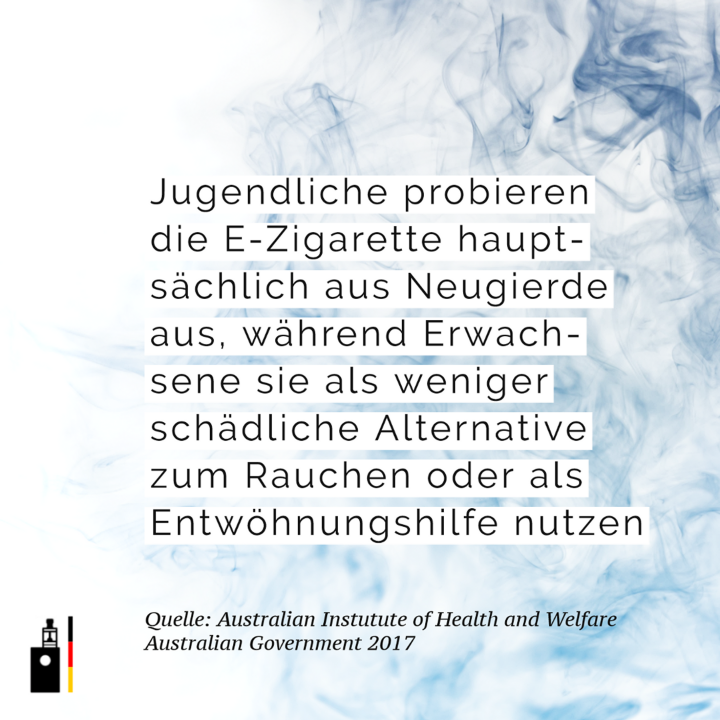 Jugendliche probieren die E-Zigarette hauptsächlich aus Neugierde aus, während die meisten Erwachsenen sie als weniger schädliche Alternative zum Rauchen oder als kurzfristige Entwöhnungshilfe nutzen